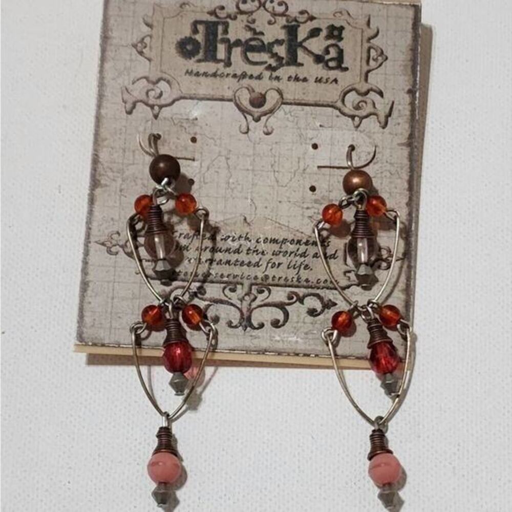 Treska Handcrafted Beaded Tiered Dangle Earrings Pink Red Amber Boho‎ USA Made